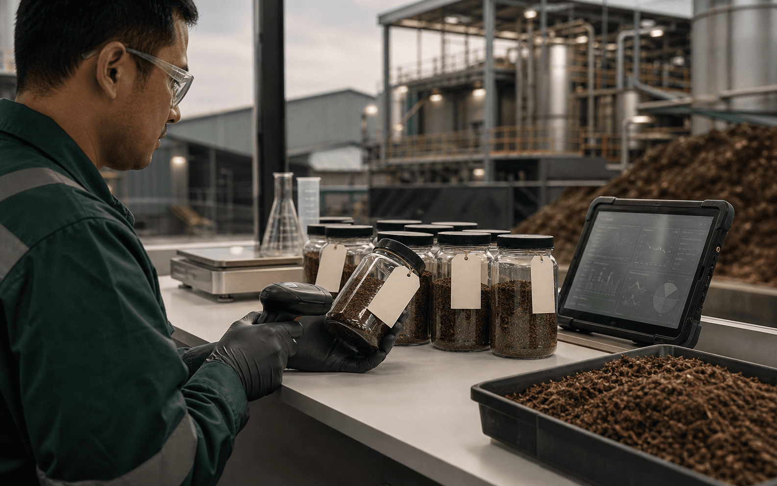 Technician checking fertilizer batch samples without readable labels