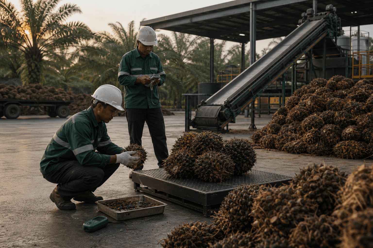 Operators checking EFB feedstock at the receiving pad