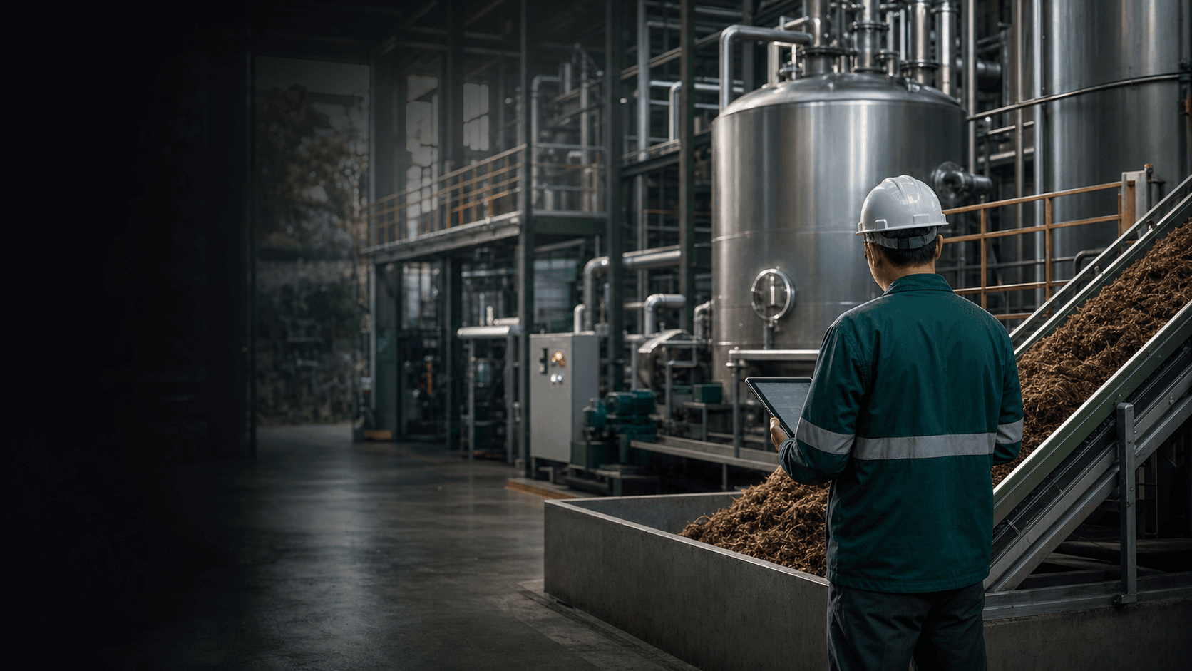 Commissioning engineer reviewing EFB fertilizer equipment inside a processing plant