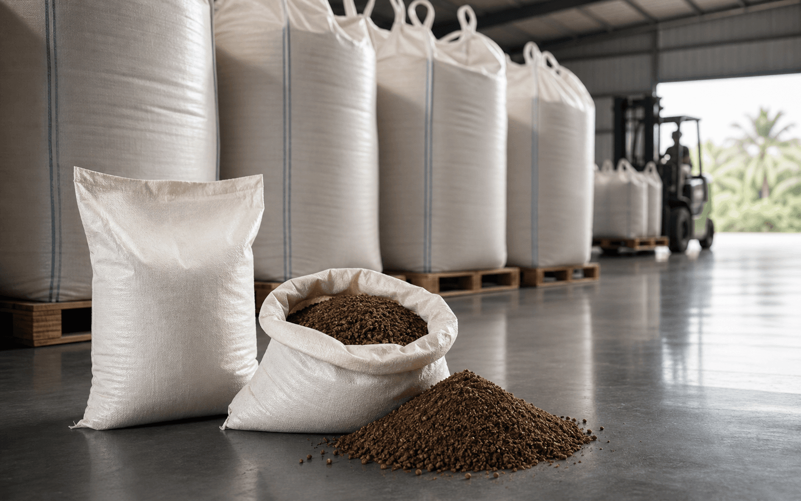 Finished organic fertilizer staged for dispatch in plain bulk bags