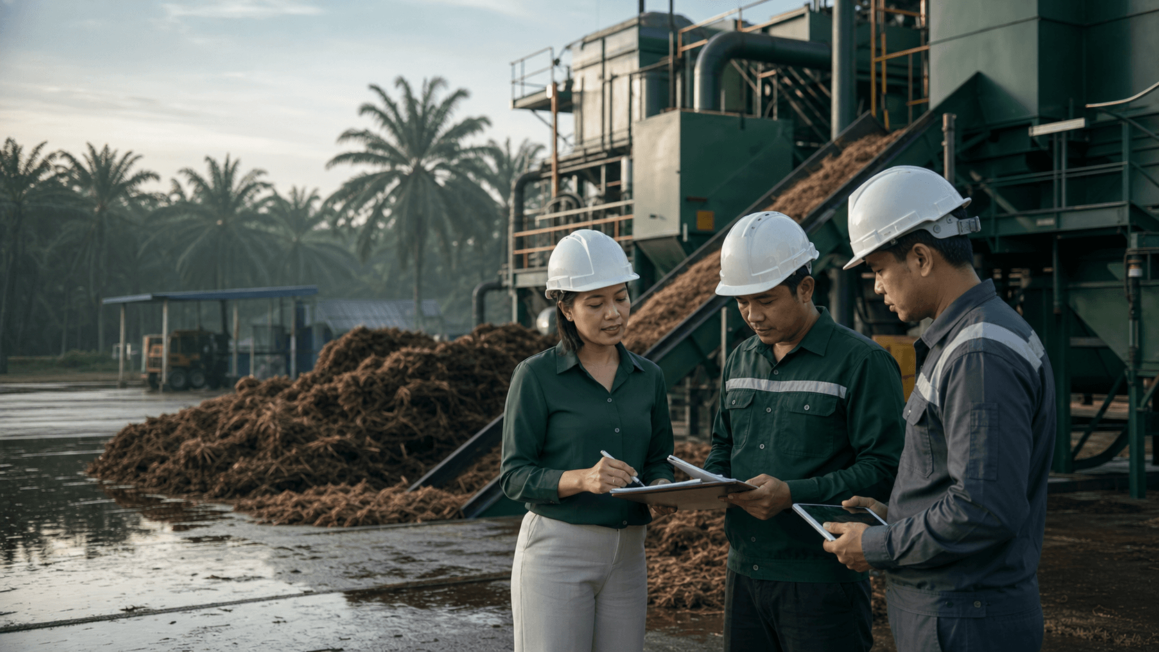 Indonesian estate team reviewing an EFB fertilizer equipment handover beside a processing line