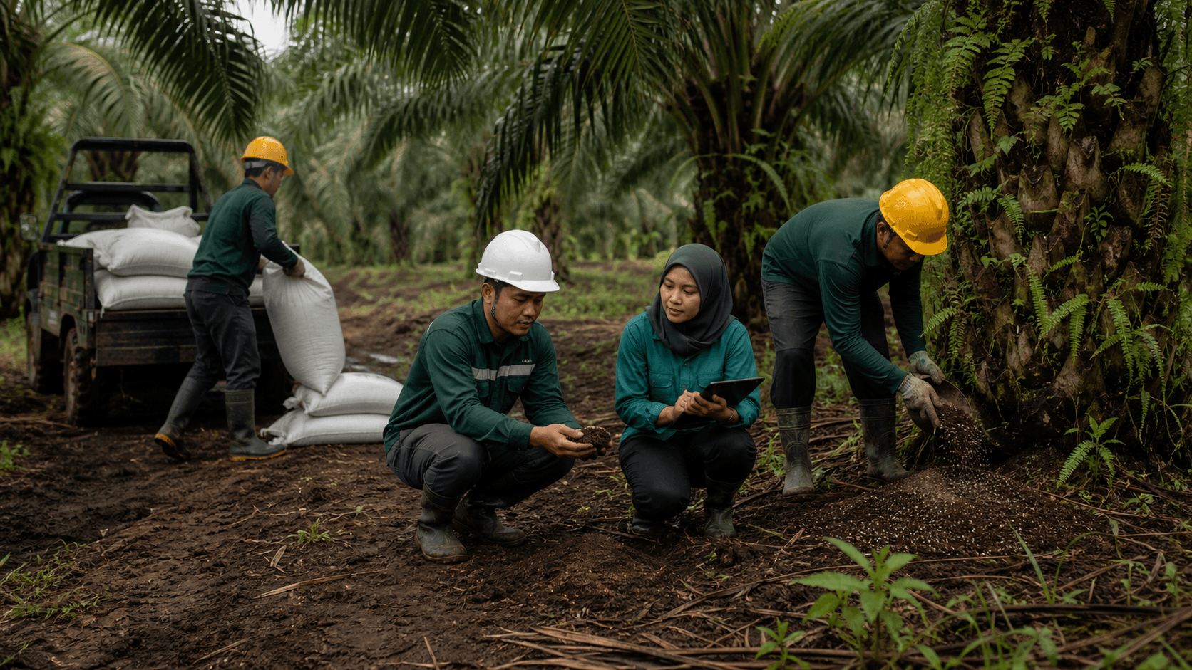 Indonesian agronomy team applying organic fertilizer around oil palm roots