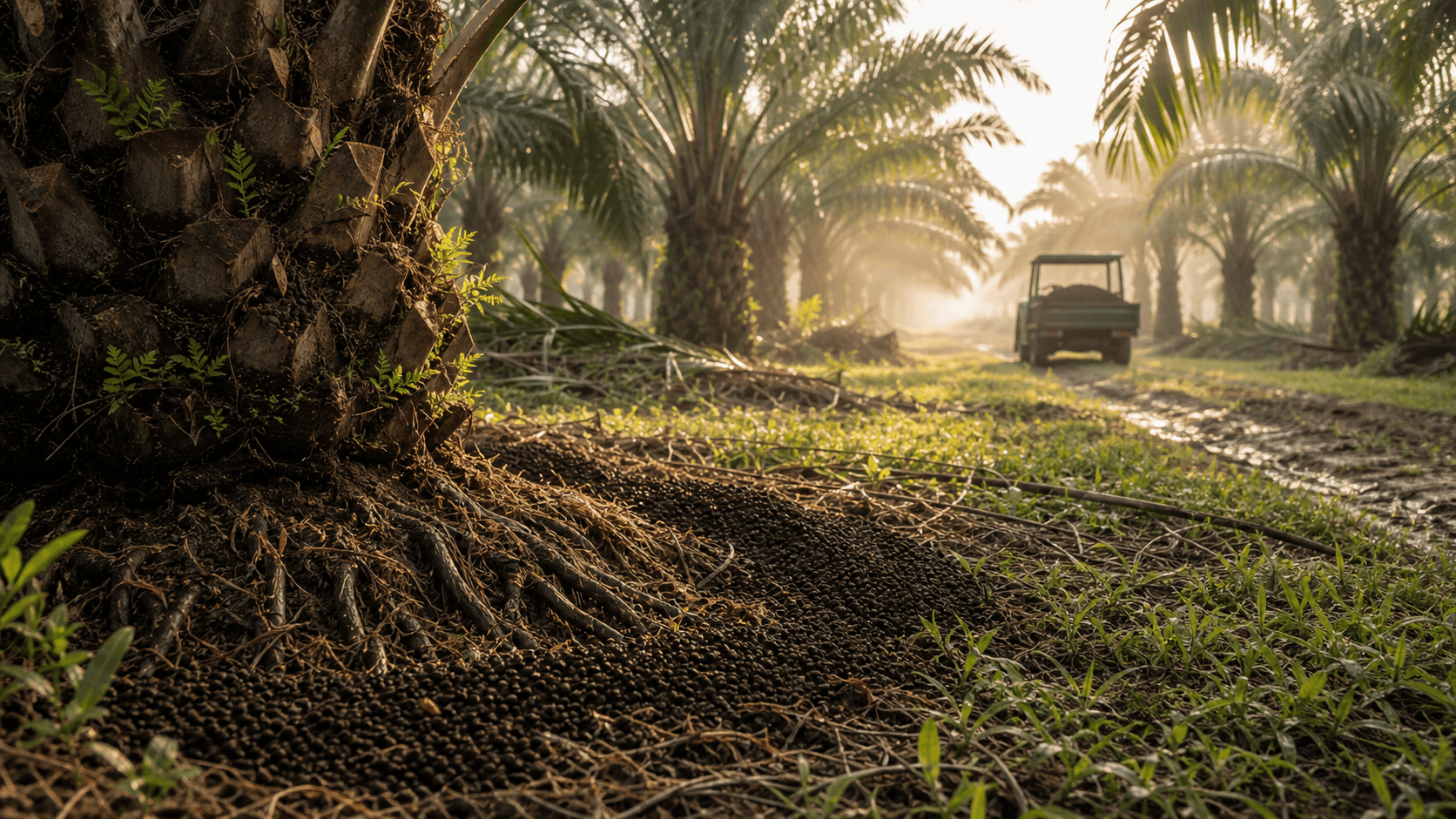 Organic fertilizer returned around oil palm roots